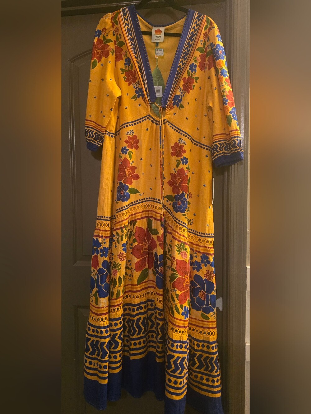 New! With Tags FARM Rio Yellow Floral Yard Maxi Dress Cotton Blend, Women's XL - Picture 2 of 16